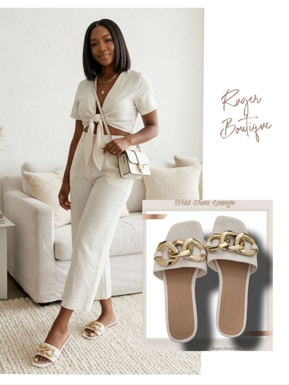 🌿Wild Diva Lounge Chic Women's 6.5 Gold Chain Adorned White Sandals